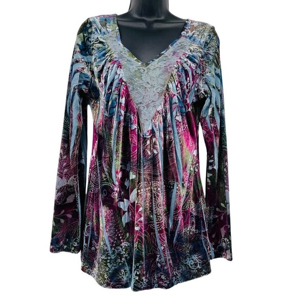 One World Women's Crushed Velvet‎ Floral Shirt Size M Boho Lace V Neck - Picture 1 of 10